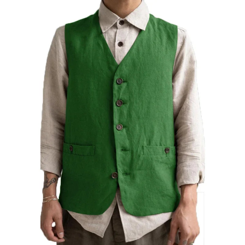 Formal Men's Vest Linen Retro Solid Cotton Business Cool Coat Slim V-neck Single Breasted Sleeveless Suitable for Leisure