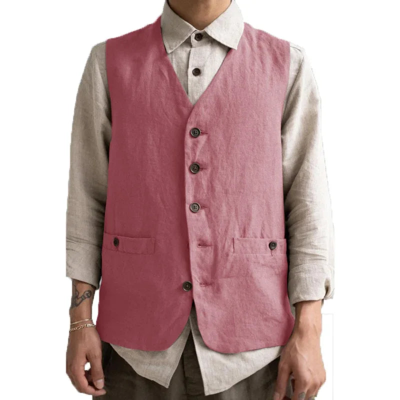 Formal Men's Vest Linen Retro Solid Cotton Business Cool Coat Slim V-neck Single Breasted Sleeveless Suitable for Leisure