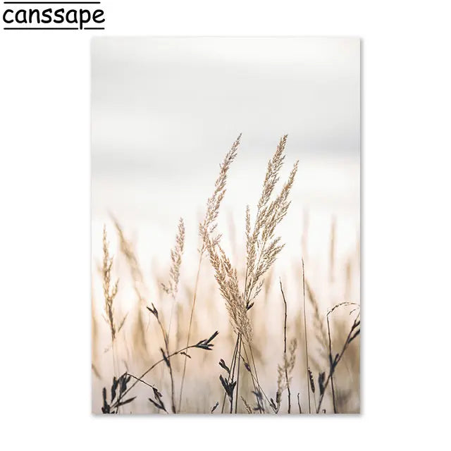Beige Scenery Print Pictures Hay Reed Hand Sand Canvas Painting Sea Beach Seagull Wall Art Nordic Wall Posters Living Room Decor
