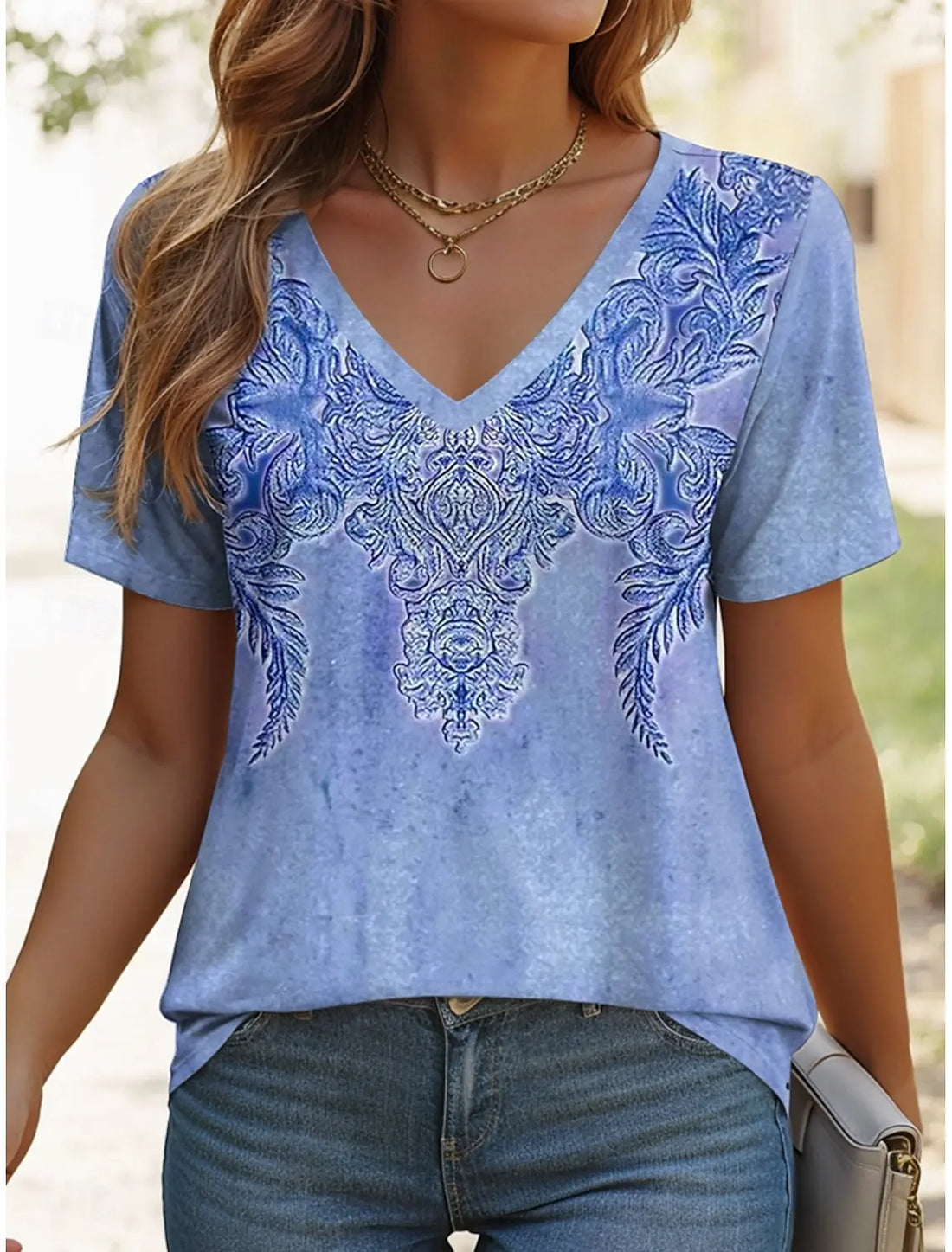 2025 Ethnic Women's T-Shirt Vintage Graphic Fashion Short Sleeved V-Neck Regular Tops Daily Print Tee Summer Spring Casual Tops