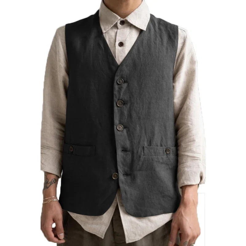 Formal Men's Vest Linen Retro Solid Cotton Business Cool Coat Slim V-neck Single Breasted Sleeveless Suitable for Leisure